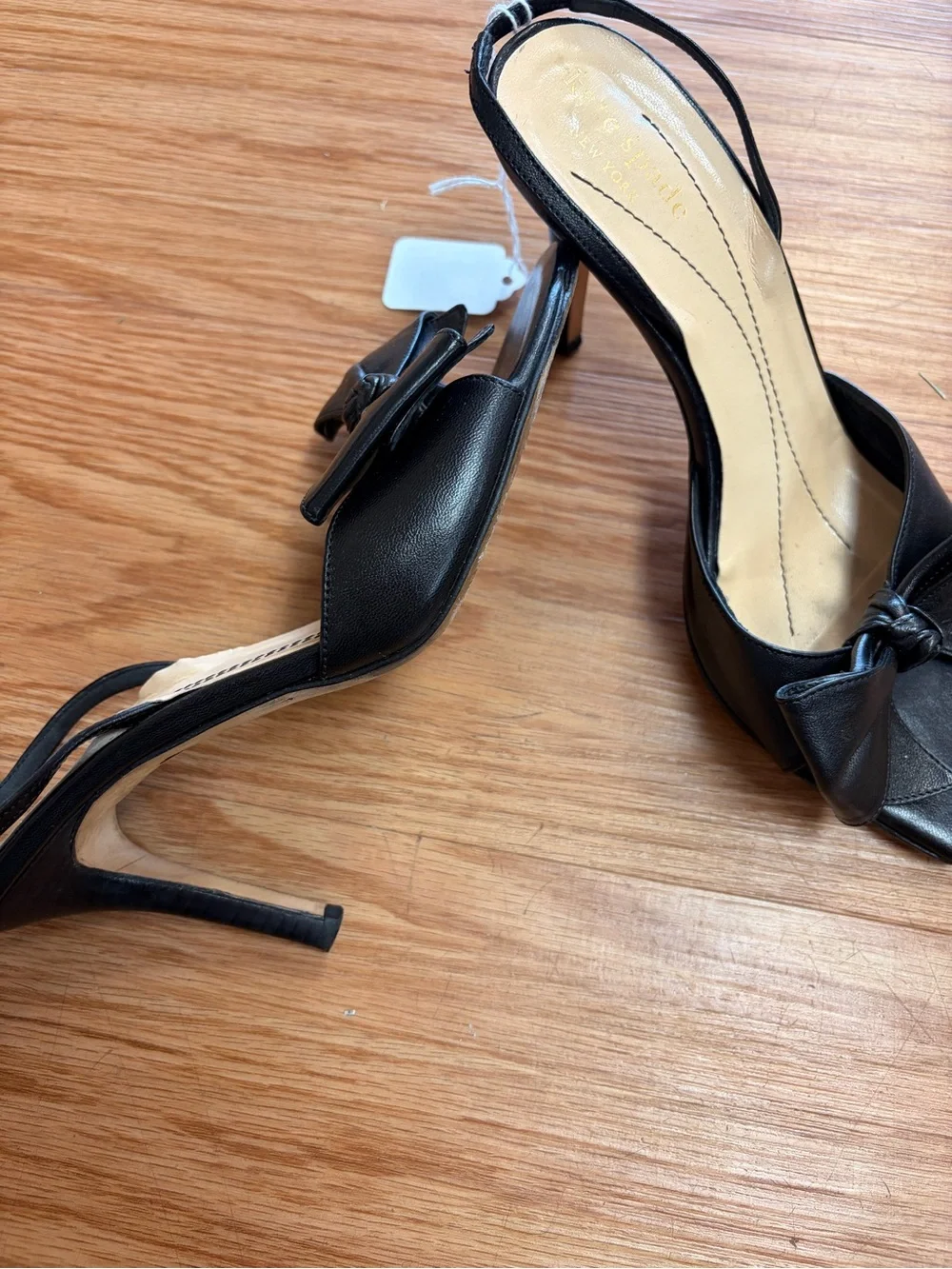 Kate Spade black leather peep toe sling back heels with bow detail